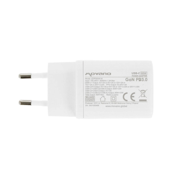 Ładowarka GaN 65W 2x USB-C PD + USB-A (biała)
