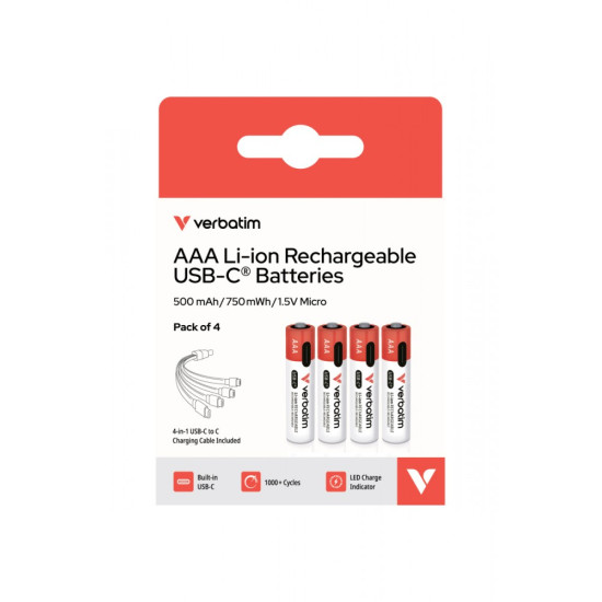 Akumulatory AAA USB-C 500 mAh 750mWh 4 szt + kabel USB-C 