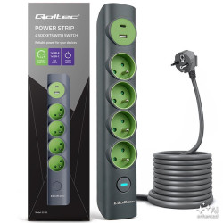 Listwa zasilająca z podświetlanym włącznikiem | 4gniazda z uziemieniem | 1xUSB-C 15W | 1xUSB 12W | 1.8m 
