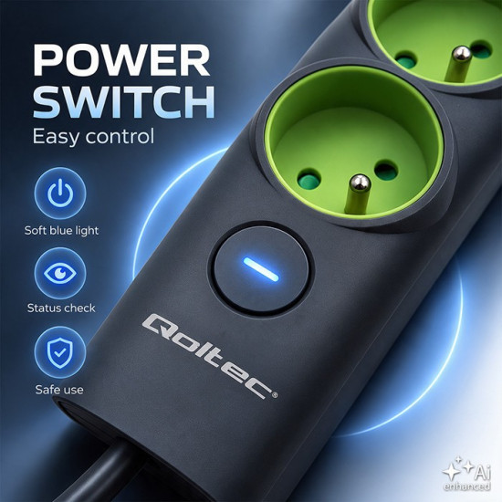 Listwa zasilająca z podświetlanym włącznikiem | 4gniazda z uziemieniem | 1xUSB-C 15W | 1xUSB 12W | 1.8m 