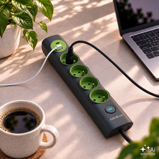 Listwa zasilająca z podświetlanym włącznikiem | 4gniazda z uziemieniem | 1xUSB-C 15W | 1xUSB 12W | 1.8m 