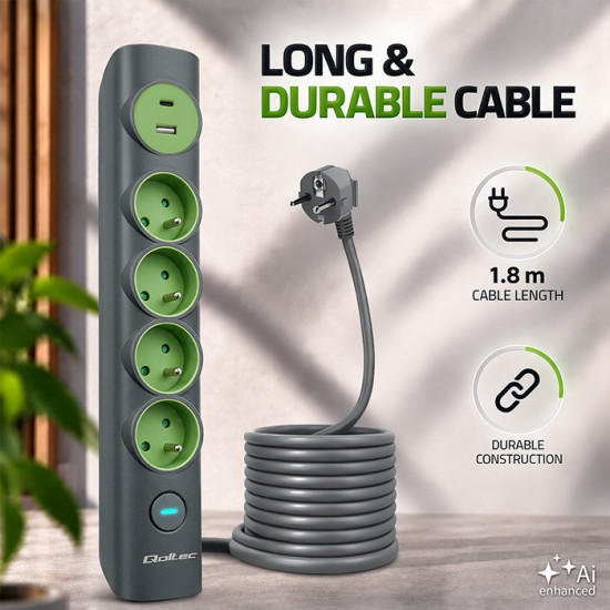 Listwa zasilająca z podświetlanym włącznikiem | 4gniazda z uziemieniem | 1xUSB-C 15W | 1xUSB 12W | 1.8m 