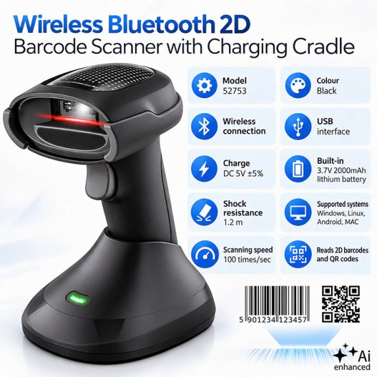 Bezprzewodowy czytnik kodów kreskowych 1D 2D + stacja ładowania |QR | EAN | USB 