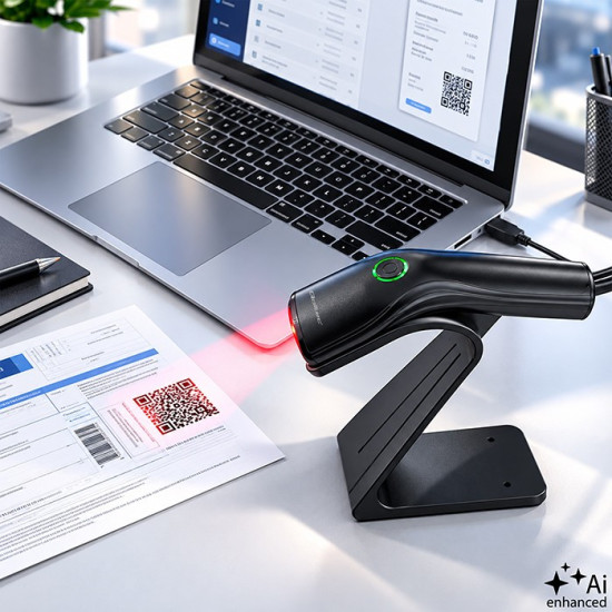 Bezprzewodowy czytnik kodów kreskowych 1D 2D + stojak na skaner |QR | EAN | USB 