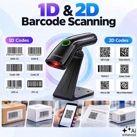 Czytnik kodów kreskowych 1D 2D + stojak na skaner | QR | EAN | USB 