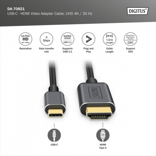 Kabel adapter HDMI 4K 30Hz na USB Typ C 3.1 metalowa obudowa HQ czarny 1.8m