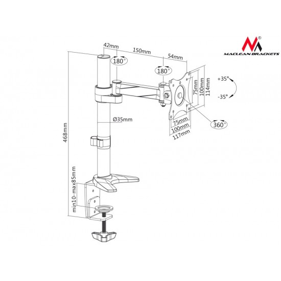 Uchwyt biurkowy do monitora LCD MC-717 8kg max vesa 100x100 aluminiowy