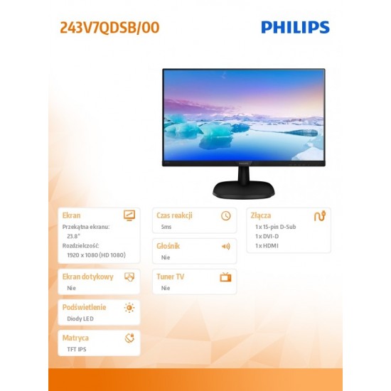 Monitor 23.8 243V7QDSB IPS DVI HDMI Czarny