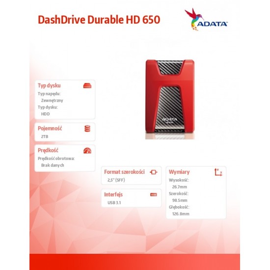 DashDrive Durable HD650 2TB 2.5' USB3.1 Czerwony