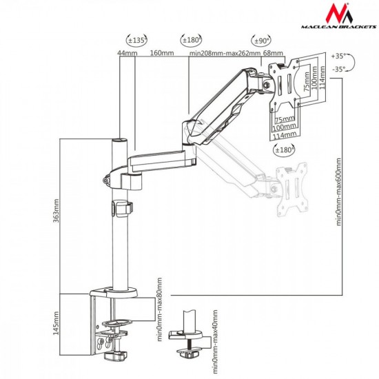 Uchwyt do monitora ze sprężyną gazową MC-775 
