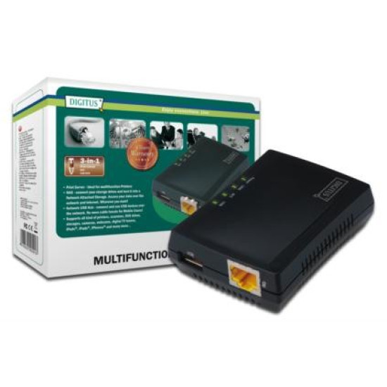 Wielofunkcyjny serwer wydruku/Print server 1xUSB 2.0 Hub sieciowy, NAS, 1x RJ45, LAN 10/100Mbps