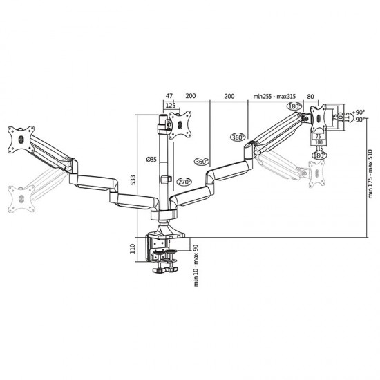 Aluminiowy uchwyt na 3 monitory 13-27, max.8kg