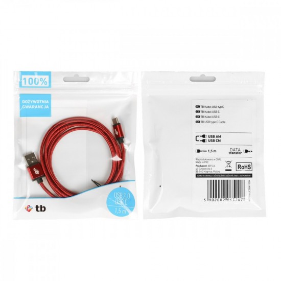 Kabel USB-USB C 1.5m rubinowy sznurek 