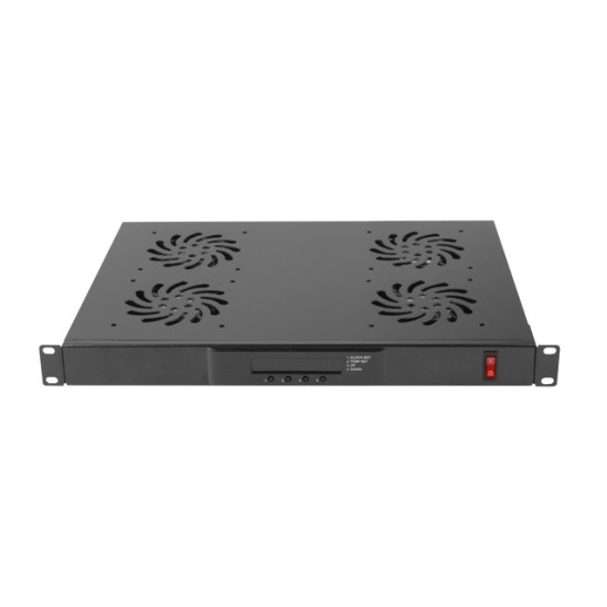 Panel wentylacyjny LCD poziomy 1U z termostatem do szaf, 19 cali, 4 wentylatory, 230V, czarny 