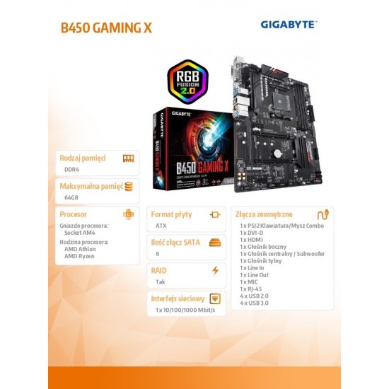 Płyta główna B450 GAMING X AM4 4DDR4 DVI/HDMI/M.2/USB 3.1 ATX
