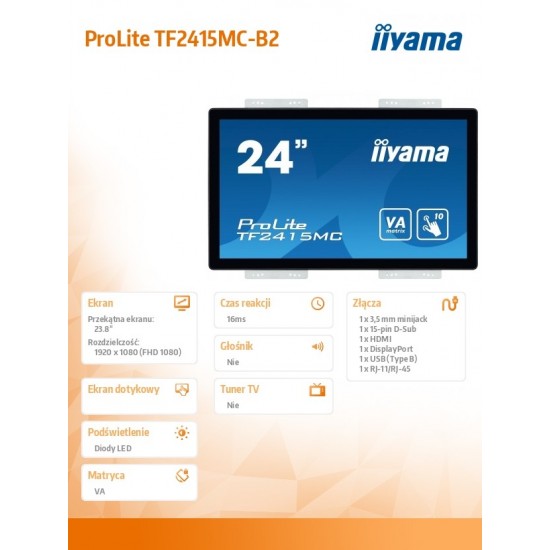 Monitor 24 TF2415MC-B2 pojemnościowy 10PKT, pianka, HDMI, DP 