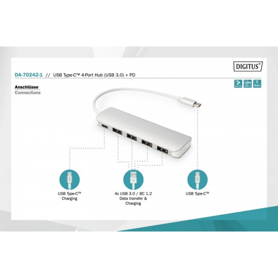 HUB/Koncentrator 4-portowy USB 3.0 SuperSpeed z Typ C Power Delivery, aluminium