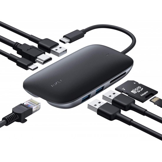CB-C71 aluminiowy HUB USB-C | 8w1 | RJ45 Ethernet 10/100/1000Mbps | 3xUSB 3.1 | HDMI 4k@30Hz | SD i microSD | USB-C Power Delivery 100W