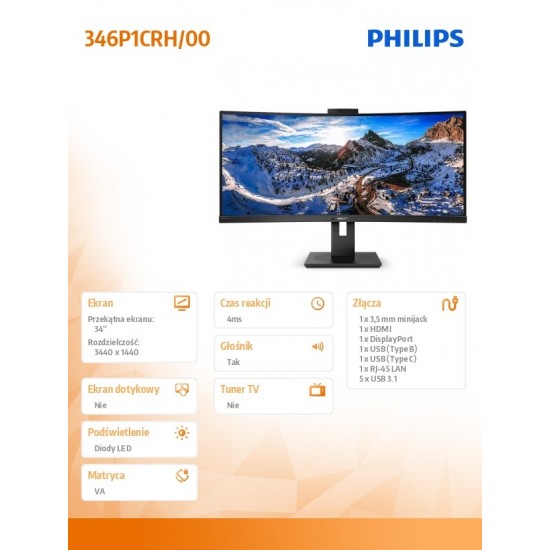 Monitor 346P1CRH 34'VA Curved HDMI DP USB-C 