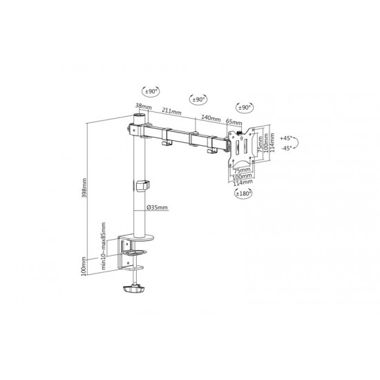 Uchwyt biurkowy pojedyńczy z zaciskiem 1xLCD max. 32 cale max. 8 kg uchylno-obrotowy 270 (PIVOT)
