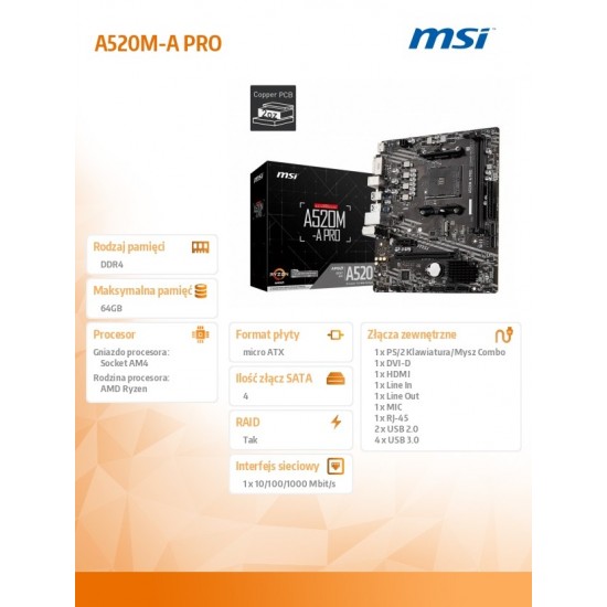 Płyta główna A520M-A PRO AM4 2DDR4 DVI/HDMI USB 3.2 mATX 