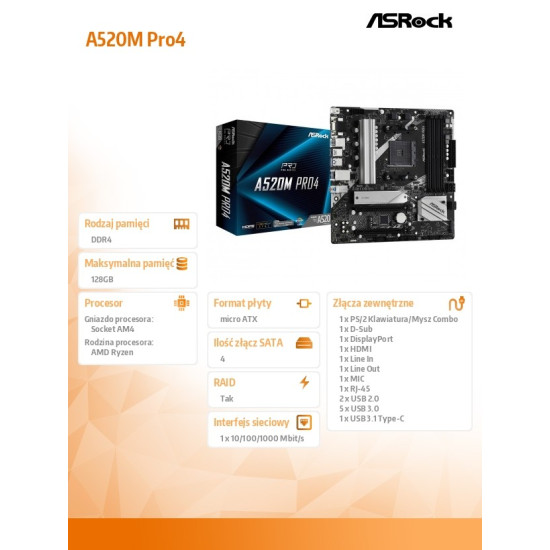 Płyta główna A520M Pro4 AM4 4DDR4 HDMI/DP/VGA M.2 mATX 