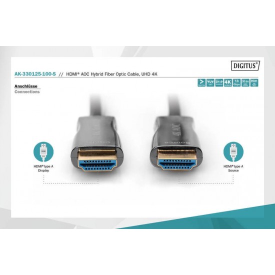 Kabel połączeniowy hybrydowy AOC HDMI 2.0 Premium HighSpeed 4K/60Hz UHD HDMI A/HDMI A M/M czarny 10m