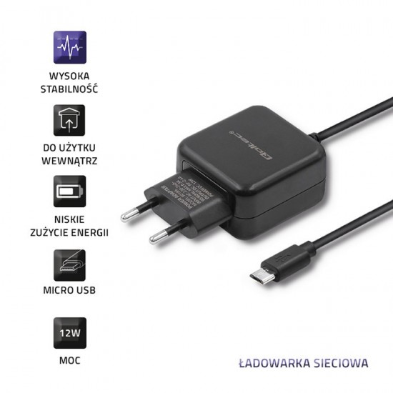 Ładowarka sieciowa 5V | 2.4A | 12W | Micro USB | Czarna 