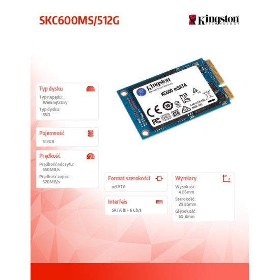 Dysk SSD SKC600 512GB mSATA 550/520 MB/s