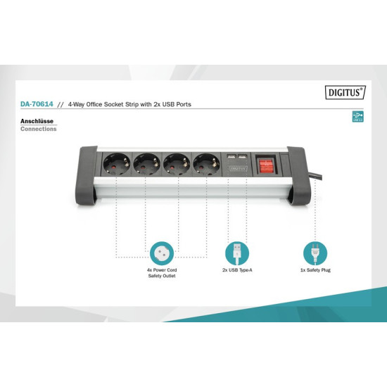 Listwa zasilająca biurowa 45° 4 gniazdowa, 2x USB (5V/2A) z możliwością obrotu o 290° aluminiowa HQ