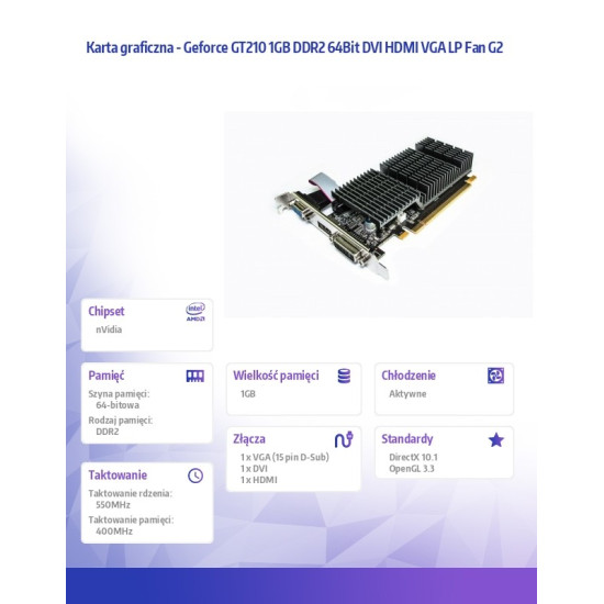 Karta graficzna - Geforce GT210 1GB DDR2 64Bit DVI HDMI VGA LP Fan G2 