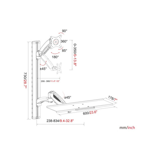 Ramię naścienne pojedyncze, 1xLCD + klawiatura, max. 27