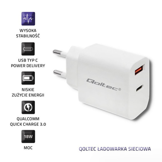 Ładowarka sieciowa | 18W | 5-12V | 1.5-3A | USB typ C PD |  USB QC 3.0 | Biała 