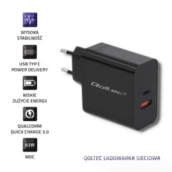 Ładowarka sieciowa | 63W | 5-20V | 1.5-3A | USB typ C PD |       USB QC 3.0 | Czarna 