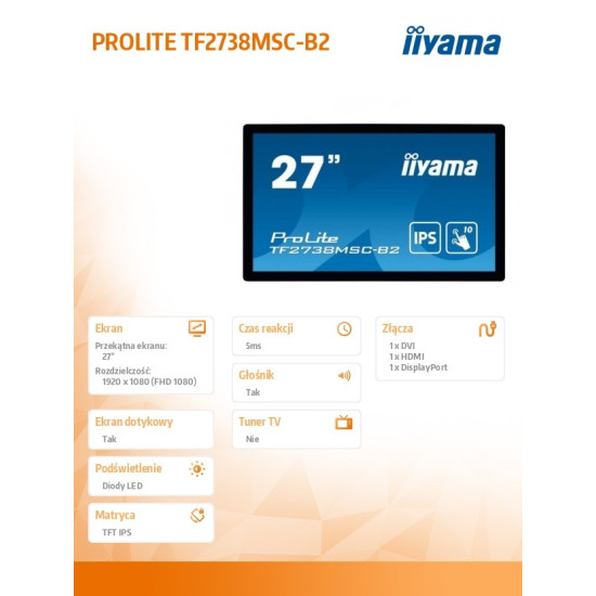 Monitor wielkoformatowy 27 cali TF2738MSC-B2 IPS,FHD,DVI,DP,HDMI,2x3W,poj.10p,IP1X 