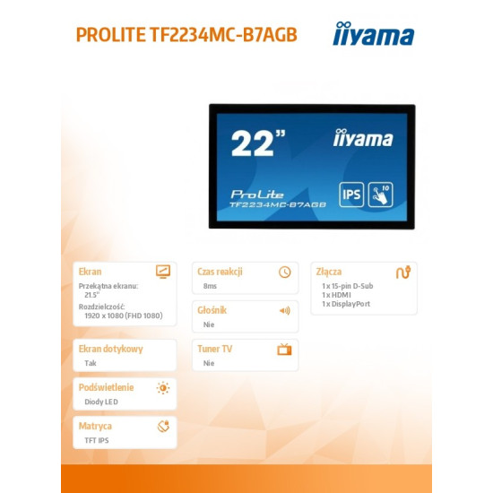 Monitor wielkoformatowy  21.5 cala TF2234MC-B7AGB IPS,10PKT.VGA,HDMI,DP,FHD,IP65,6H 