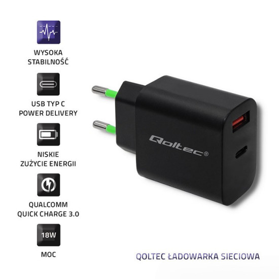 Ładowarka sieciowa | 18W | 5-12V | 1.5-3A | USB typ C PD |       USB QC 3.0 | Czarna 