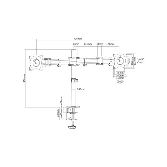 Stojak biurkowy podwójny z zaciskiem, 2xLCD, max. 27