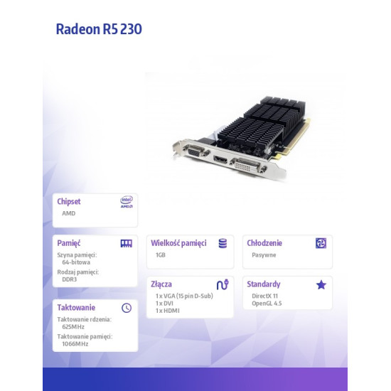 Karta graficzna Radeon R5 230 1GB DDR3 64Bit DVI HDMI VGA LP