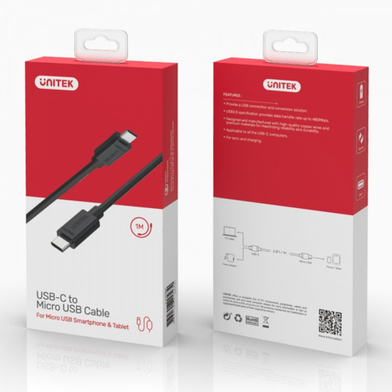 Kabel USB TYP-C DO microUSB 2.0; 1m; Y-C473BK 