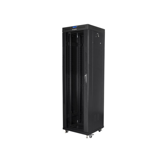 Szafa instalacyjna rack stojąca 19 42u 600x600 czarna, drzwi szklane lcd (Flat pack)