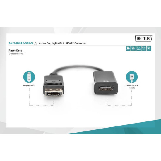 Kabel adapter DisplayPort z zatrzaskiem 1080p 60Hz FHD Typ DP/HDMI A M/Ż czarny 0,2m