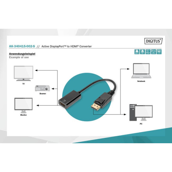 Kabel adapter DisplayPort z zatrzaskiem 1080p 60Hz FHD Typ DP/HDMI A M/Ż czarny 0,2m