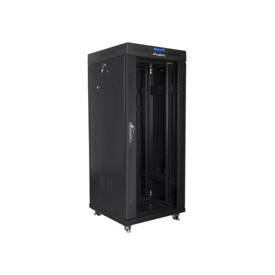 Szafa instalacyjna rack stojąca 19 27U 600x600 czarna, drzwi szklane LCD (Flat pack)