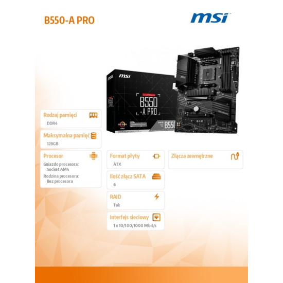 Płyta główna B550 A-PRO AM4 4DDR4 HDMI/DP M.2 ATX 