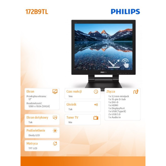 Monitor 17 cali 172B9TL LED Touch DVI HDMI DP