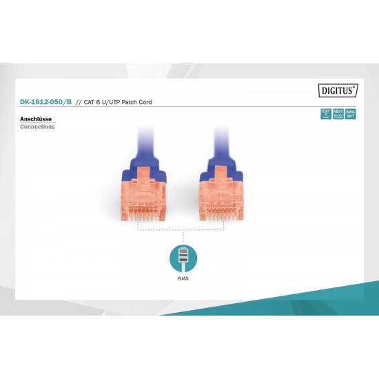 Patch Cord RJ45/RJ45 Kat.6 250MHz U/UTP AWG27/7 PE 5,0m Niebieski