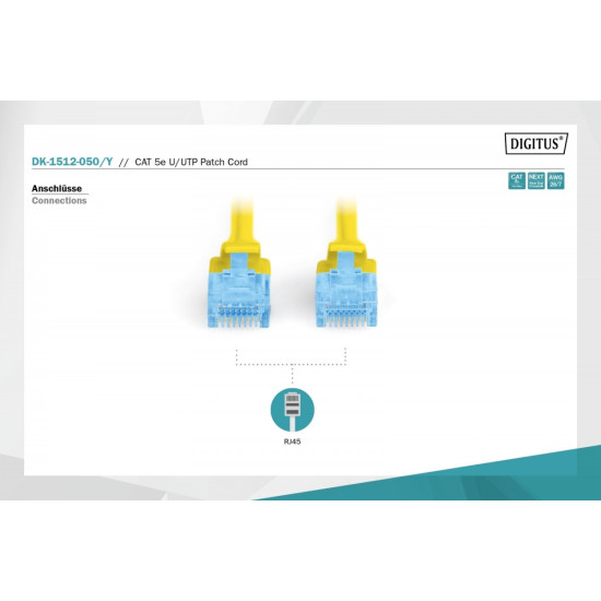 Patch cord U/UTP kat.5e PVC 5m Żółty 