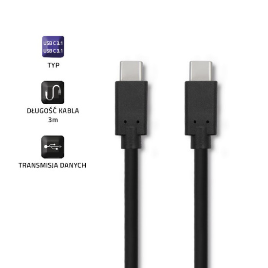 Kabel USB 3.1 typ C męski | USB 3.1 typ C męski | 3m | Czarny 