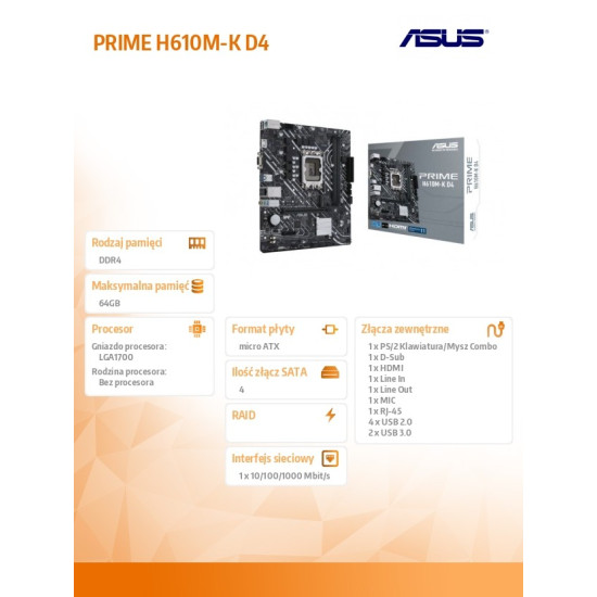 Płyta główna PRIME H610M-K D4 s1700 2DDR4 DP/HDMI M.2 mATX 
